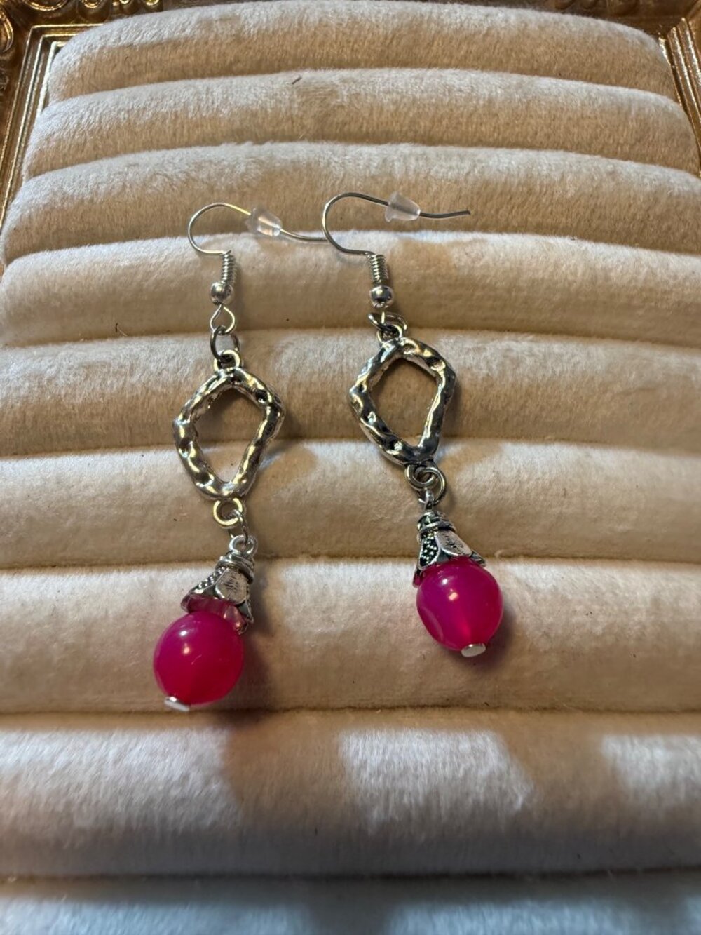 New Fuchsia Bloom – Pink Bead & Silver-Tone Dangle Earrings